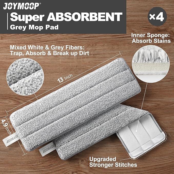JOYMOOP Microfiber Mop Replacement Pads, 4-Pack 13" × 4.9", Dual Grey & Stripe Pads for Wet & Dry Cleaning, Compatible with Microfiber Flat Mop Heads, Machine Washable, Durable and Scratch-Free