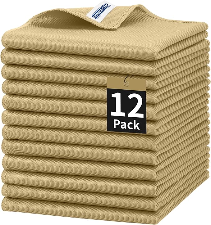 Microfiber Cleaning Cloth, 12 Pack Window Glasses Cleaning Cloth, Reusable Lint-Free Streak Free Polishing Cloth Wipes for Stainless Steel, Eyeglass, Mirror, Screen & Lense,12"*12" Beige