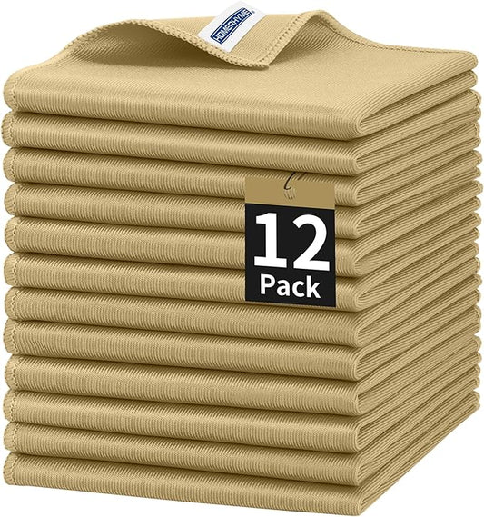 Microfiber Cleaning Cloth, 12 Pack Window Glasses Cleaning Cloth, Reusable Lint-Free Streak Free Polishing Cloth Wipes for Stainless Steel, Eyeglass, Mirror, Screen & Lense,12"*12" Beige