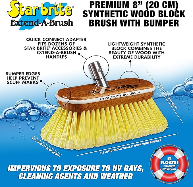 STAR BRITE 8" Premium Cleaning Brush - Synthetic Wood Block with High-Density Star Prene Fibers for Smooth & Painted Surfaces - Fits Star brite Extend-A-Brush Handles - Soft Bristle, Yellow (040170)