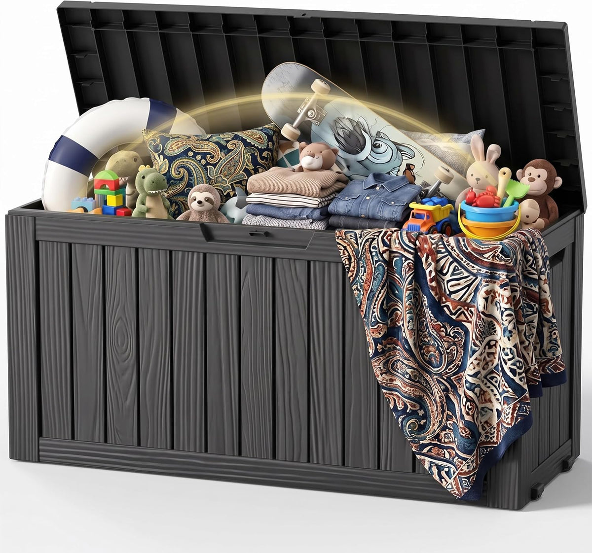 155 Gallon Deck Box Waterproof Outdoor Storage Box with Wheels, Black
