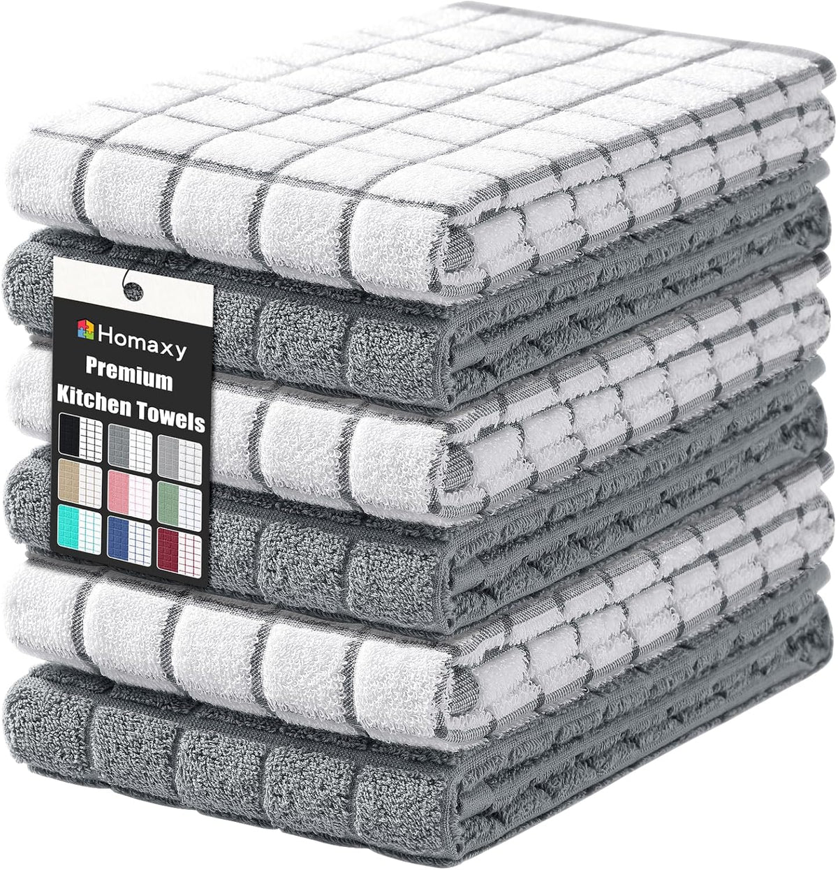 Large Premium Cotton Kitchen Towels 16"x 28", 6 Pack, Grey