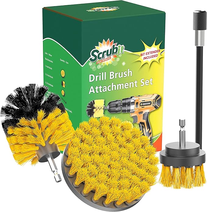 SCRUBIT Drill Brush Attachment Set - Power Scrubber Tile and Grout Tool - Use for Kitchen, Shower, Bathtub and Floor Surface - All Purpose Household Cleaning Kit Includes 3 Brushes with A Bit Extender