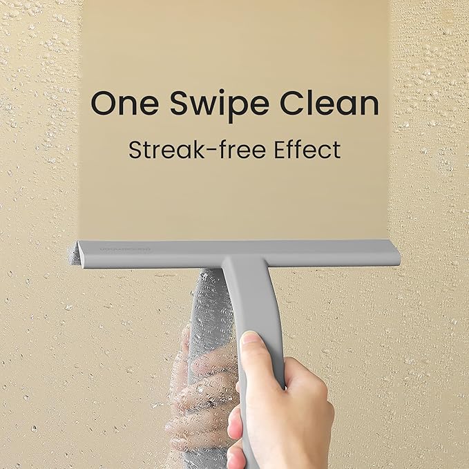 dancemoon JustHang Shower Squeegee for Glass Doors, All-One-Piece Award-Winning Silicone Squeegee with Built-in Hook for Bathroom, Window, Mirror, Tile Wall, Car, Streak-Free Cleaner Tool,10-Inch Gray
