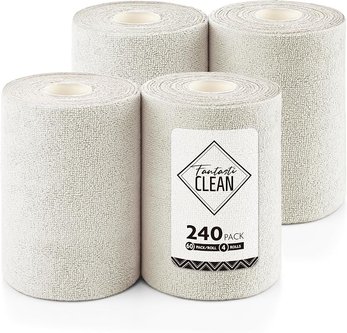 Fantasticlean Microfiber Cleaning Cloth Roll, 240 Pack, 8" x 8", Off-White
