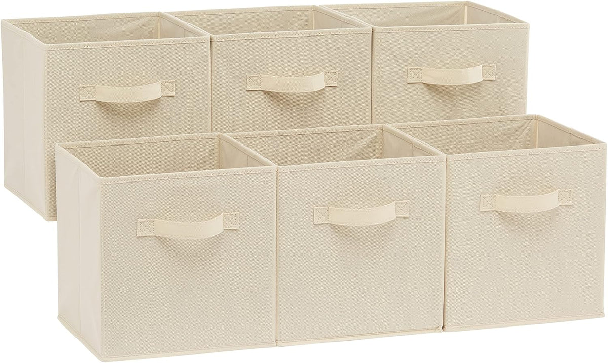 Collapsible Fabric Storage Cubes Organizer with Handles, Sturdy Storage Bins for Organization, 10.5" x 10.5" x 11", Beige, 6-Pack