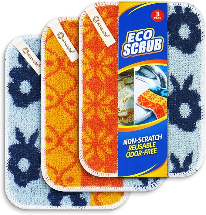 Amarelle GEN II Dish Washing Scrubbers (3-Pack), Made in Green Kitchen Scrubbers for Dishes, Non Scratch Pot & Pan Scrubber, Dual-Sided Heavy-Duty Scouring Pads, Reusable (Nordic Folk)