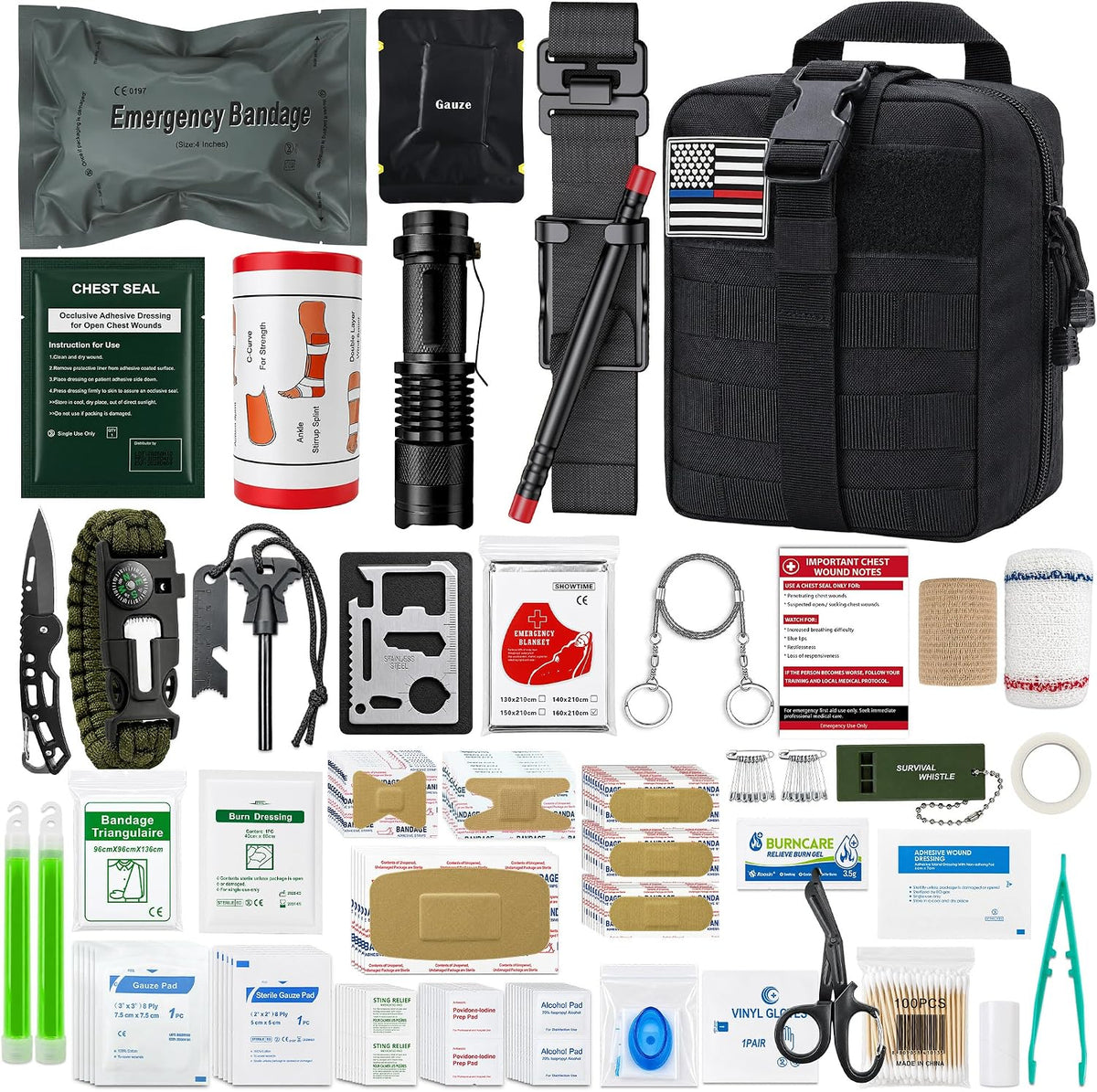 246 Piece First Aid Kit with Tourniquet and MOLLE Pouch, Portable Emergency Supplies and Survival Gear for Camping, Hiking, Travel, Car and Home, Black