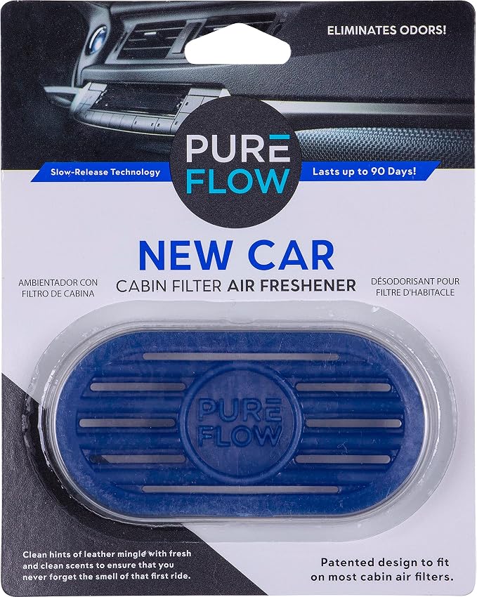 PUREFLOW Cabin Filter Air Freshener with Odor Eliminator – Fits on Most Car, Truck, and SUV Cabin Air Filters - New Car 