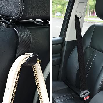 Amooca Car Seat Headrest Storage Hooks for Bags and Universal Seat Belt Cover Soft Shoulder Pad