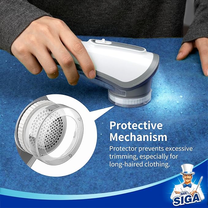 MR.SIGA Fabric Shaver and Lint Remover, Battery Operated Portable Lint Shaver with LED Lights, 2 Replaceable 6-Leaf Blades, Cream/Gray