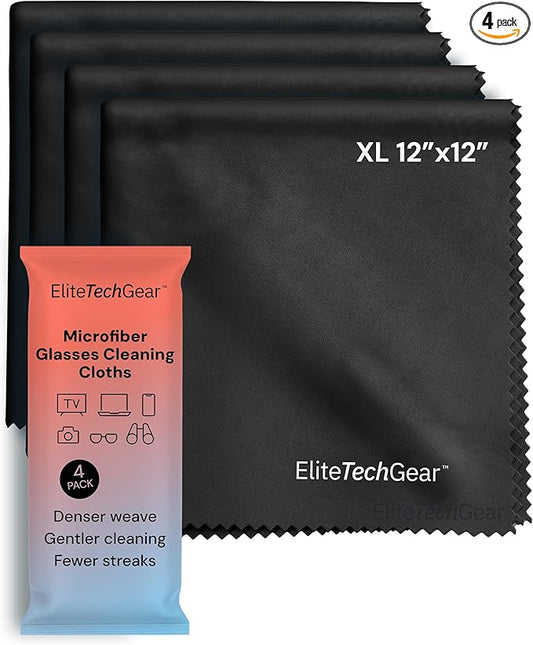 Elite Tech Gear Large Microfiber Cleaning Cloth (4-Pack) 12" x 12" - Glasses Cleaning Cloth for TV Screens, Camera Lenses and Tablets (Black)