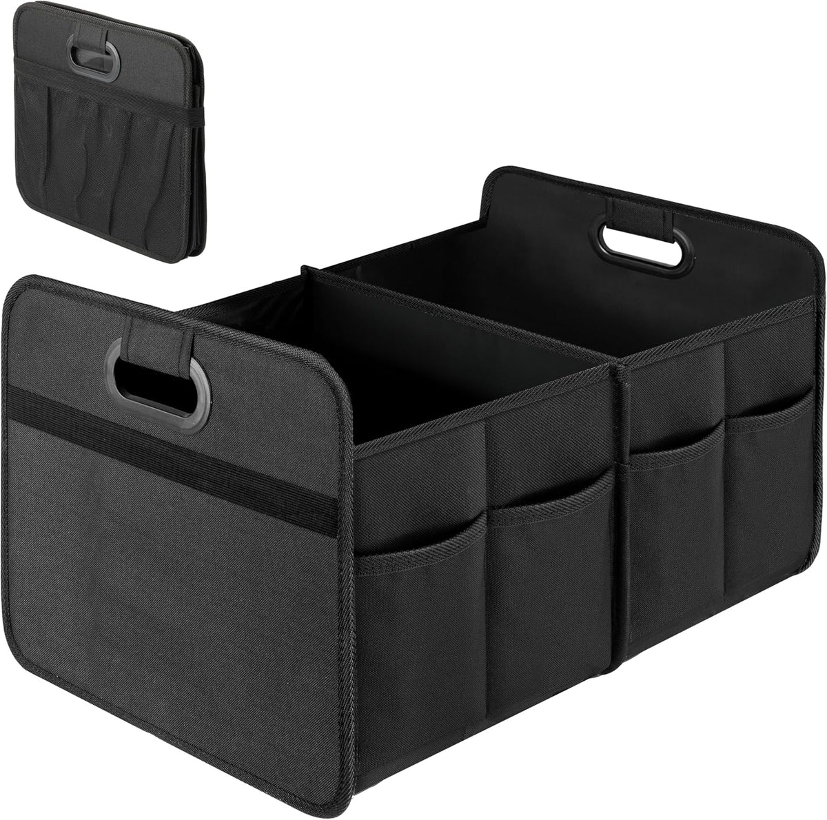 Car Trunk Organizer, 2 Compartments Collapsible Trunk Storage, Anti-slip Design, Made of Waterproof 600D Oxford Polyester, Suitable for SUV, Minivan, Truck, Standard Size, Black