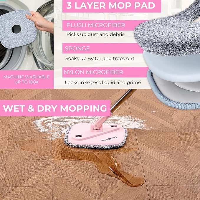 Limited Edition Heavy Duty Mop for Floor Cleaning Separates Clean from Dirty Water, Self Wringing 360° Rotating Square Mop-Head for Hardwood Tile Marble Floor, Rose