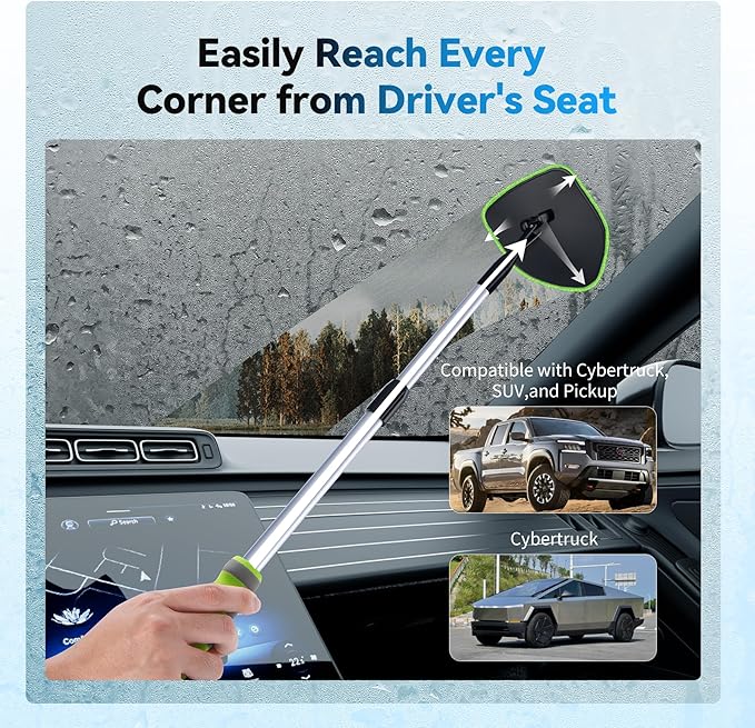 XINDELL Windshield Cleaner Tool, Car Window Cleaning Kit with 4 Reusable Microfiber Pads, Extendable Handle & 360° Rotating Head, Safety Hammer, Streak-Free Auto Glass Wiper for Car Truck SUV RV