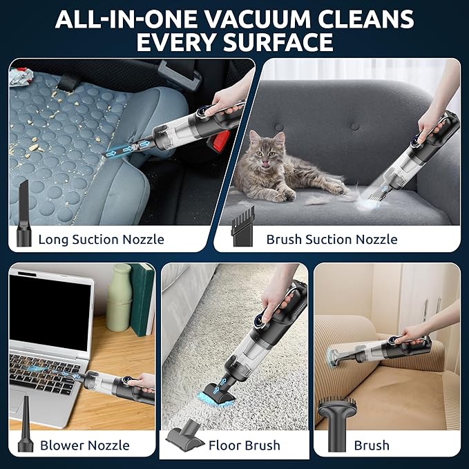Handheld Vacuum Cordless Vacuum Cleaner with LED Light, 18000Pa Brushless Suction & Air Blower (2-in-1), 7800mAH Battery, Steel+HEPA Filter, Car Vacuum, Dust Buster for Interior, Home & Pet Hair