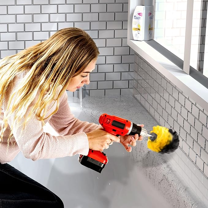 SCRUBIT Drill Brush Attachment Set - Power Scrubber Tile and Grout Tool - Use for Kitchen, Shower, Bathtub and Floor Surface - All Purpose Household Cleaning Kit Includes 3 Brushes with A Bit Extender
