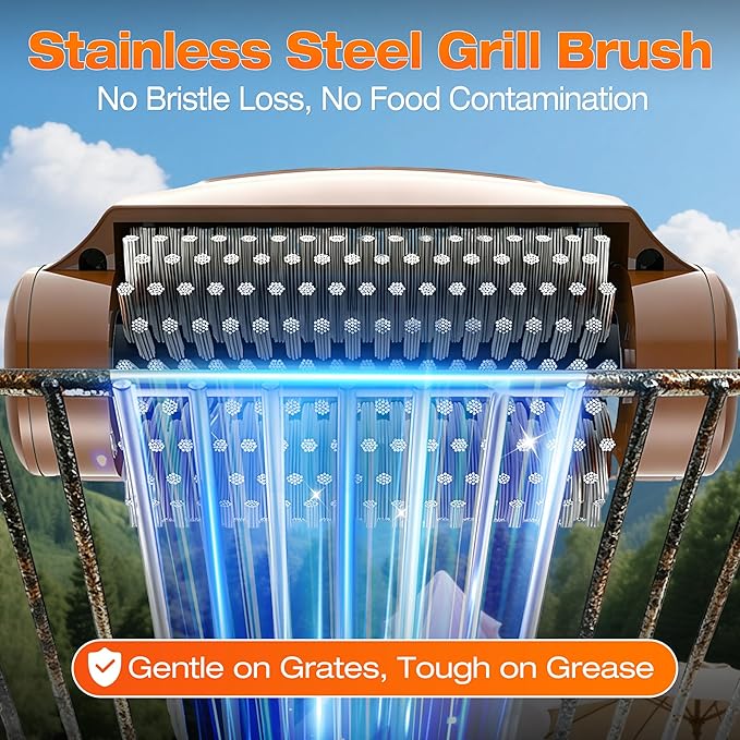 Misshappy Electric BBQ Grill Brush - 4000mAh Cordless BBQ Grill Cleaner 2 Speed - 800RPM Bristle Free Electric Grill Cleaner for Outdoor Grill Rechargeable with Scraper/LED Light/LED Display (Brown)