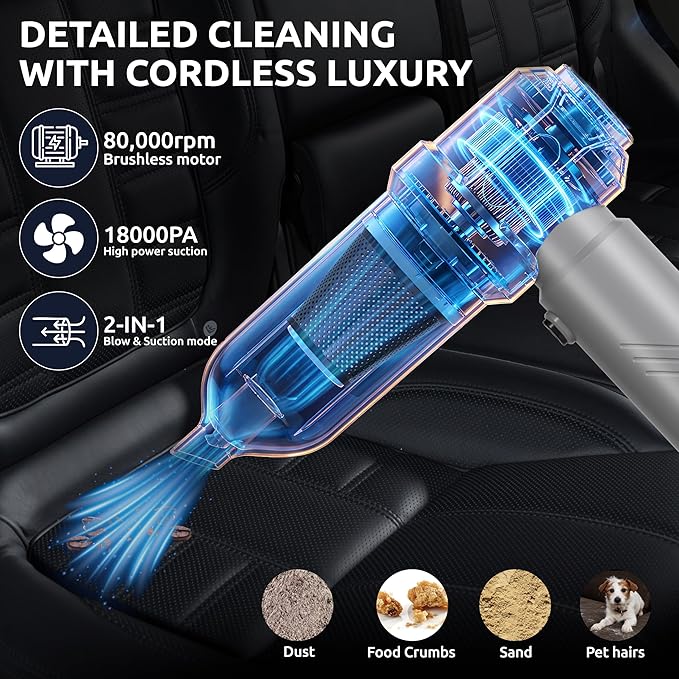Handheld Vacuum Cordless Vacuum Cleaner with 9 Extensions, 18000Pa Brushless Suction & Air Blower (2-in-1), 7800mAH Battery, Steel+HEPA Filter, Car Vacuum, Dust Buster for Interior, Home & Pet Hair