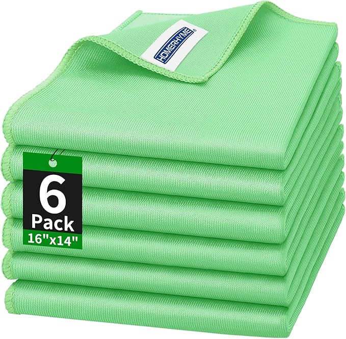 Microfiber Cleaning Cloth, 6 Pack Glasses Cleaning Cloth, 16" ×14" Window Cleaning Rags, Streak Free Lint Free Polishing Cloths Wipes for Eye Glass Stainless Steel Windshield, Sage Green