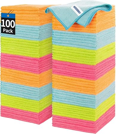 Microfiber Cleaning Cloth, 100 Pack Cleaning Rags, 12" x 12" Shop Towels, Lint Free Reusable All Purpose Microfiber Towe