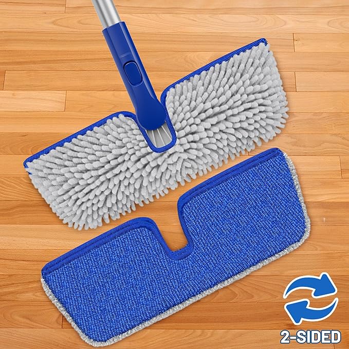 2-Sided Microfiber Dust Mop: Dry Flat Wall Mop for Hardwood Floors with 3 Reusable Pads Reversible Head for Apartment Kitchen Tile Laminate Pet Hair Cleaning