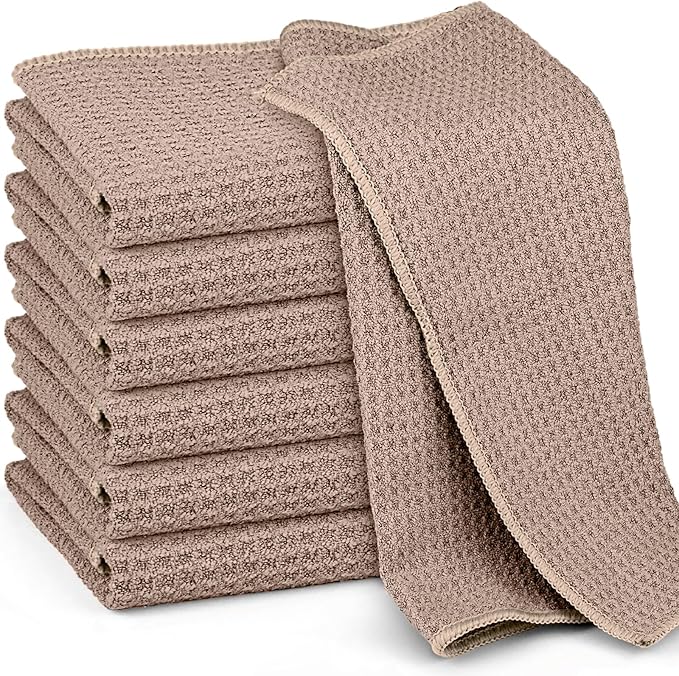 Microfiber Cleaning Cloth Waffle Weave for Dusting Absorbent Towel Quick Drying Dust Rags Household Kitchen, Lint Free Streak Free, 6 Pack,12 x 12 Inches, Khaki