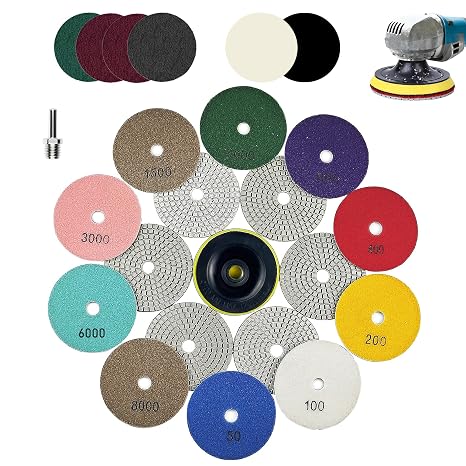 4 Inch Diamond Polishing Pads, 18 PCS 50-8000 Grit Wet/Dry Granite Stone Polish Pad Kit with 5/8’’-11 Backer Pad, Drill 