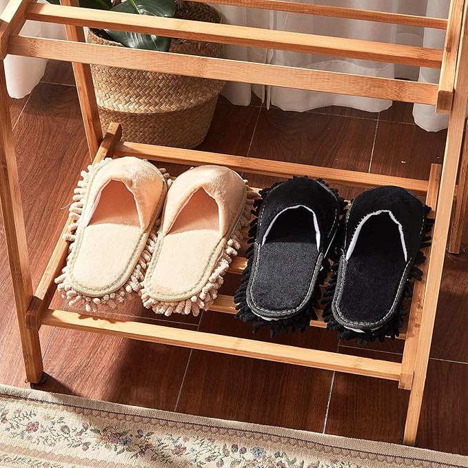 Jecery 2 Pairs Microfiber Cleaning Mop Slippers for Floor Cleaning House Mop Shoes Men and Women Washable Unisex Dusting Slippers Dirt Tool Supplies(Large,Black, Beige)