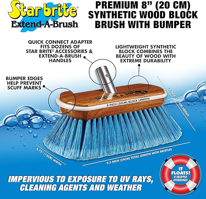 STAR BRITE 8" Premium Cleaning Brush - Synthetic Wood Block with Durable, High-Density Star Prene Fibers for Boat, RV & Auto Surfaces - Extend-A-Brush Handles - Medium Bristle, Blue (040171)