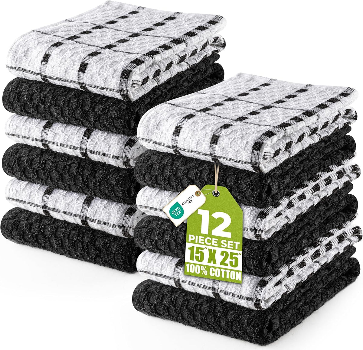 Kitchen Towels 12 Pack 15x25 Inch 100% Cotton Popcorn Terry, Black
