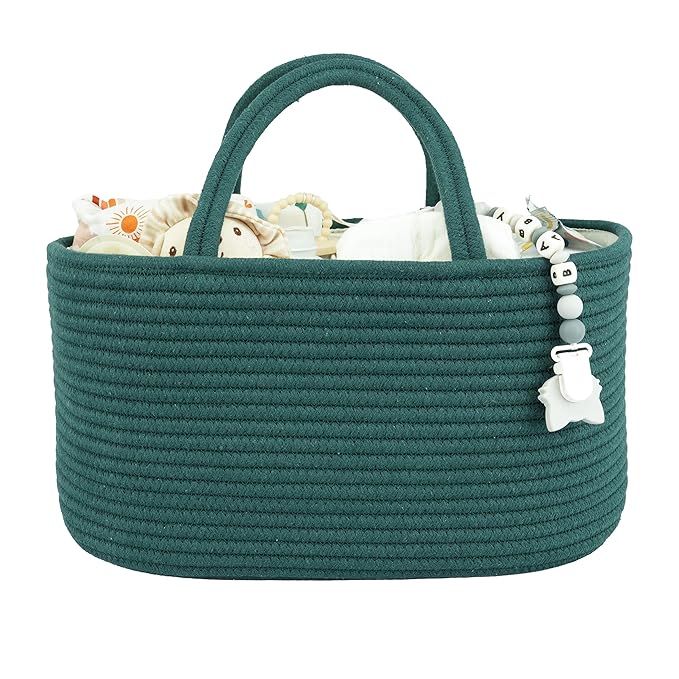 XUANGUO Large Cotton Rope Baby Diaper Caddy Organizer Basket Dark Green