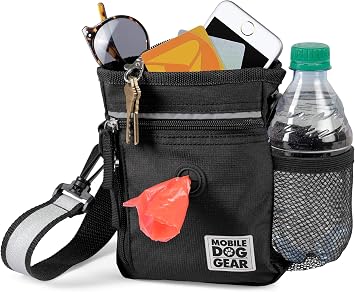 Mobile Dog Gear Dog Walking Fanny Pack (6"x7", Black) - Dog Training Treat Pouch with Poop Bag Dispenser & Bags, 2 Refle