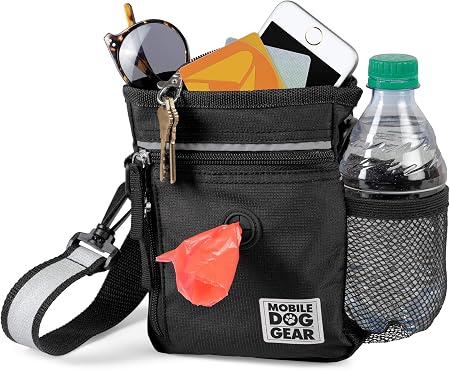 Mobile Dog Gear Dog Walking Fanny Pack (6"x7", Black) - Dog Training Treat Pouch with Poop Bag Dispenser & Bags, 2 Refle