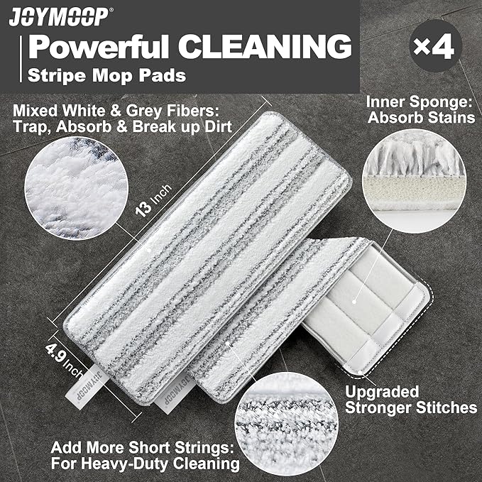 JOYMOOP Flat Mop Replacement Pads, Microfiber Cleaning Refills, Washable Stripe Pads, 13 inch, Pack of 4 for Flat Mop and Mop Bucket System