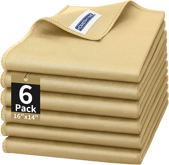 Microfiber Cleaning Cloth - 6 Pack Glasses Cleaning Cloth, 16" x 14" Window Cleaning Rags, Streak Free Lint Free Polishing Cloths Wipes for Eye Glass, Stainless Steel, Windshield, Beige