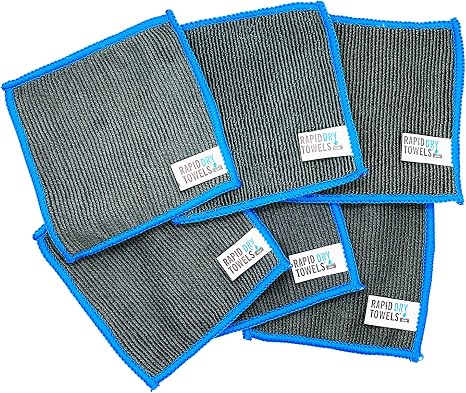 Rapid Dry Towels Micro RDTs Ultra-Soft Microfiber Towels | 6 Pack | 3.9 x 3.9 in | Channel Weave Lint-Free Cleaning Clot