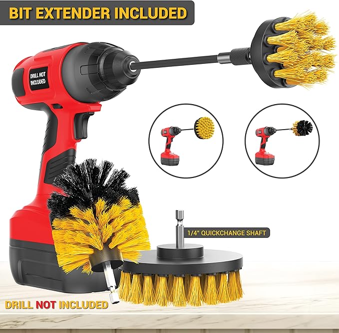 SCRUBIT Drill Brush Attachment Set - Power Scrubber Tile and Grout Tool - Use for Kitchen, Shower, Bathtub and Floor Surface - All Purpose Household Cleaning Kit Includes 3 Brushes with A Bit Extender