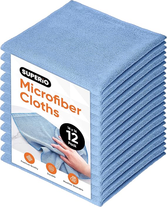 Superio Blue Microfiber Cleaning Cloth for Cars, Kitchen, Bathroom 16x16 Miracle Cloth, Lint Free Rags for Cleaning Hous