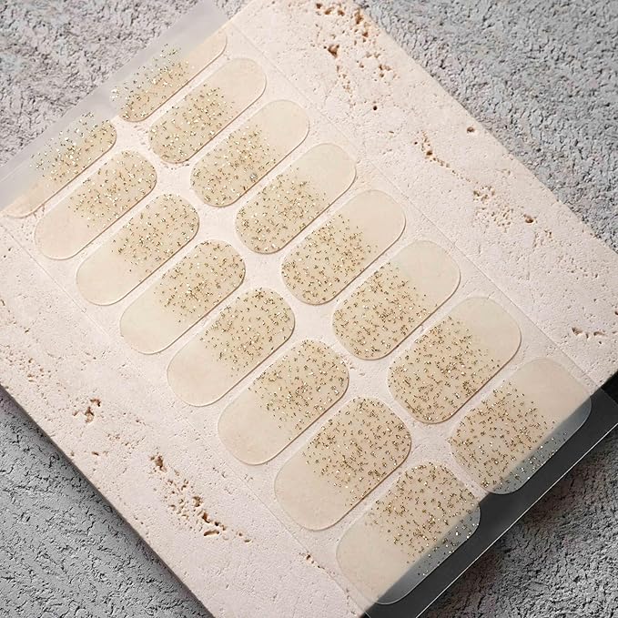 Nail Polish Strips, 32PCS Salon Quality Wraps, Long Lasting Gel Nail Stickers for Women Easy Apply& Remove (Gold Dust Cream)