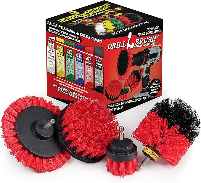 Red Stiff Nylon Bristle Brush Set for Outdoor Cleaning - Versatile Crevice Tool for Garage, Deck, House Siding, Concrete, Brick, Stone, Masonry, Vinyl Siding, Wood, and Patio Cleaner - Gutter Brush