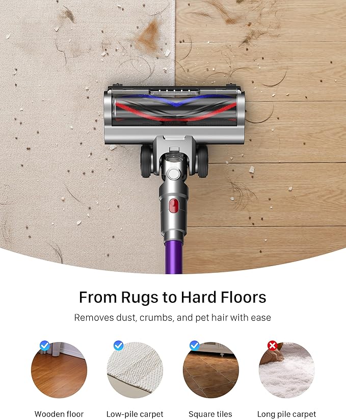 Cordless Vacuum Cleaner for Home - Powerful Stick Vacuum with HEPA Filter, 55-Min Runtime, LED Light, Anti-Tangle Brush, Detachable Battery,Lightweight Vacuum for Pet Hair,Carpets & Hard Floors