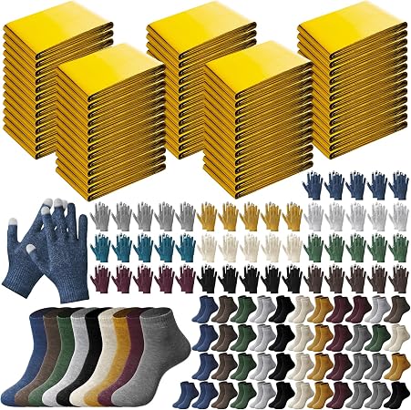 Shyyween 150 Pcs Homeless Care Package Supplies Bulk Winter Emergency Blankets Touchscreen Gloves Warmers Socks for Men 