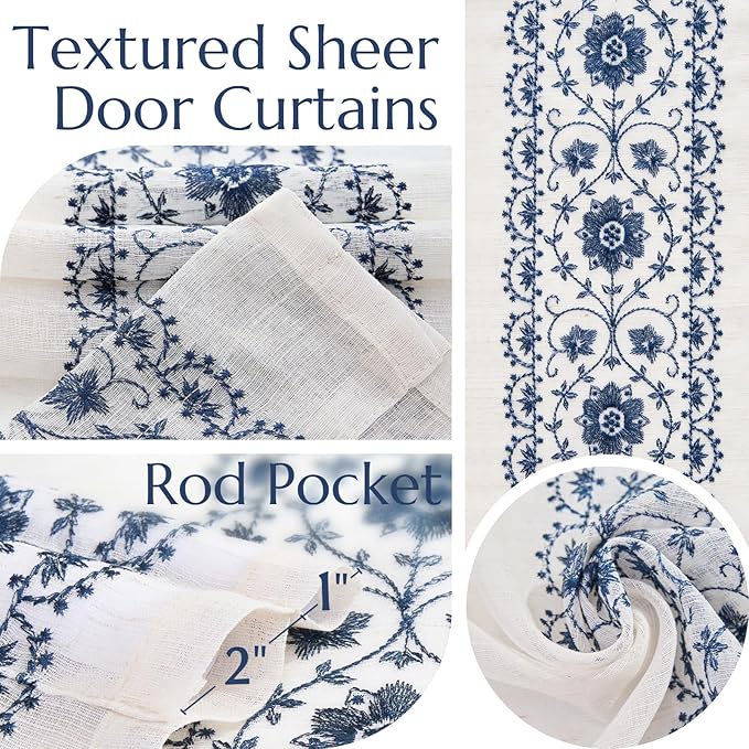 jinchan French Sheer Volie Door Curtain Embroidered Farmhouse Linen Curtain for Patio Door with Tie up Bows Light Filtering for Door Window Closet Rod Pocket 40 Inches 1 Panel Blue on Beige