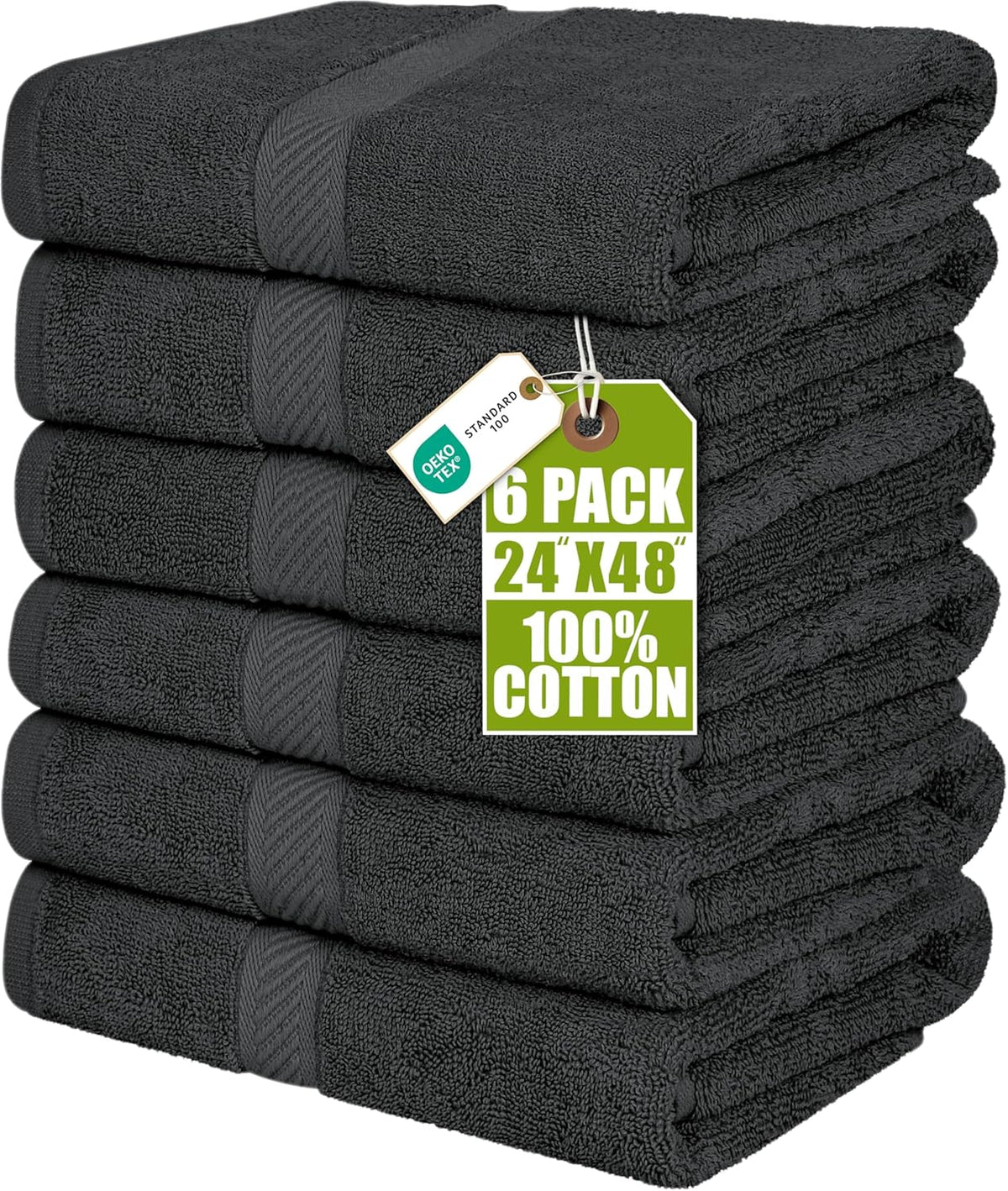 6 Pack Medium Bath Towels, 24x48 in, 100% Cotton, Grey