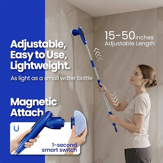 2026 Upgraded Electric Spin Scrubber: 120 Min Runtime, IPX7 Waterproof Cordless Power Scrubber, Adjustable Extension Handle, 8 Heads, 2 Speeds for Shower, Tub, Tile & Floor