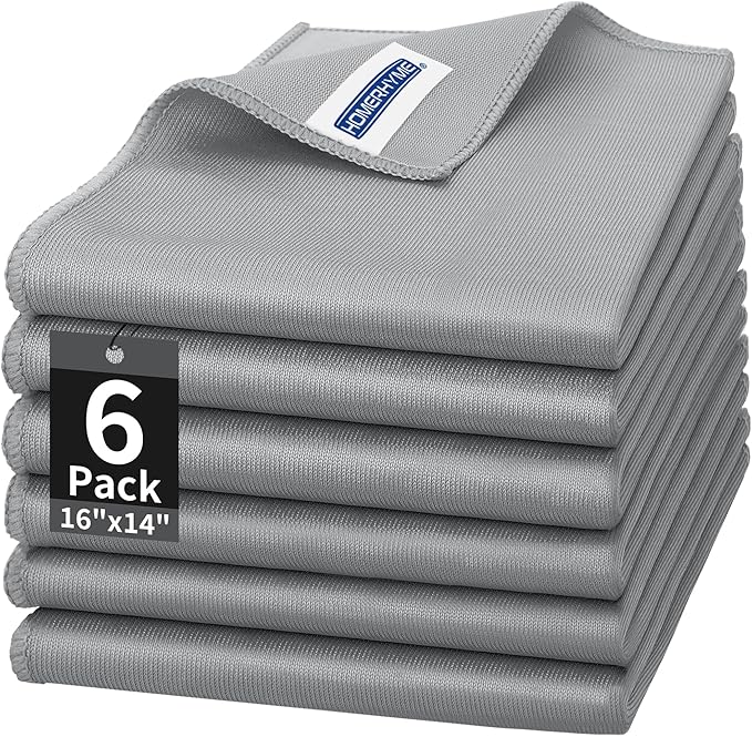 Microfiber Cleaning Cloth - 6 Pack Glasses Cleaning Cloth, 16" x 14" Window Cleaning Rags, Streak Free Lint Free Polishing Cloths Wipes for Eye Glass, Stainless Steel, Windshield, Grey