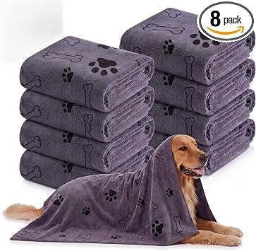 Chumia 8 Pcs Dog Towel for Drying, 55 x 28 Inch, Dog Paw and Bone, Gray