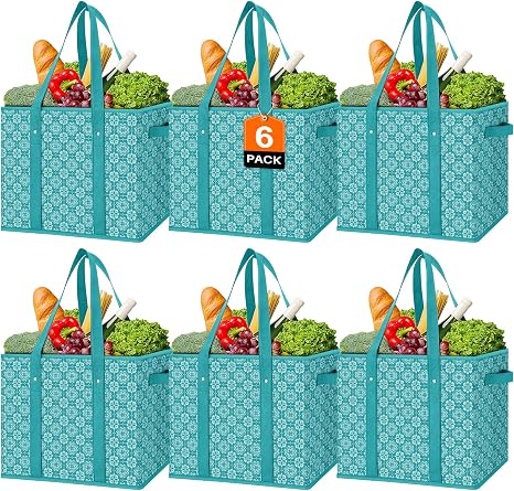 Reusable Grocery Bags 6 Pack, Foldable & Water Resistant Shopping Bags
