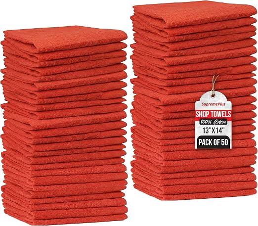 Shop Towels (Red, 50-Pack) - Bulk Cleaning Towel in a Bag, Mechanic Cotton Wipes for Car Maintenance, Auto Mechanics & G